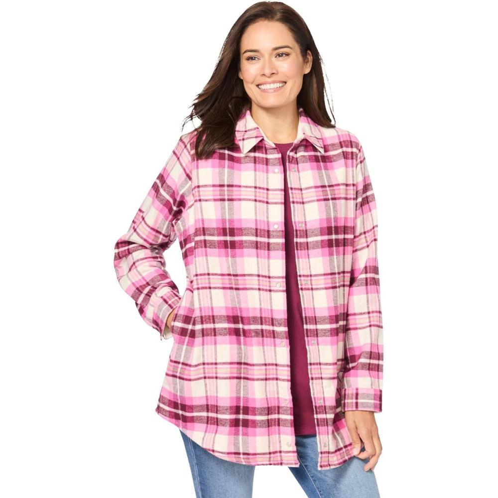 imageWoman Within Plus Size Fleece Flannel SnapFront ShirtDeep Claret Ivory Plaid