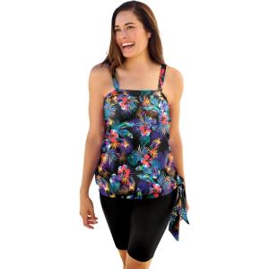 Swimsuits For All Swim 365 Women’s Plus Size Blouson Tankini Top with Adjustable Straps(Psychedelic Hibiscus)