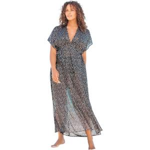 Swimsuits For All Swim 365 Women’s Plus Size Long Caftan Cover Up(Silver Black Dots)