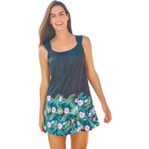 Swimsuits For All Swim 365 Women’s Plus Size Smocked Swim Dress Set(Tropical Garden Border)