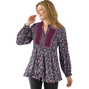 Woman Within Plus Size Button-Front Mixed Print Tunic(Black Rose Garden)