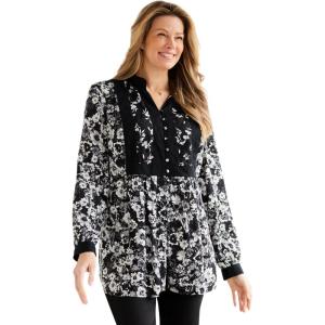 Woman Within Plus Size Button-Front Mixed Print Tunic(Black Soft Floral)