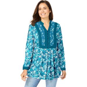 Woman Within Plus Size Button-Front Mixed Print Tunic(Deep Teal Soft Floral)