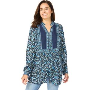 Woman Within Plus Size Button-Front Mixed Print Tunic(Navy Cobalt Rose Garden)
