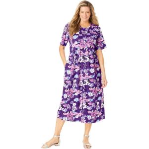 Woman Within Plus Size Short-Sleeve Button-Front Pocket Dress (Petite Available) – 2X, Purple Garden