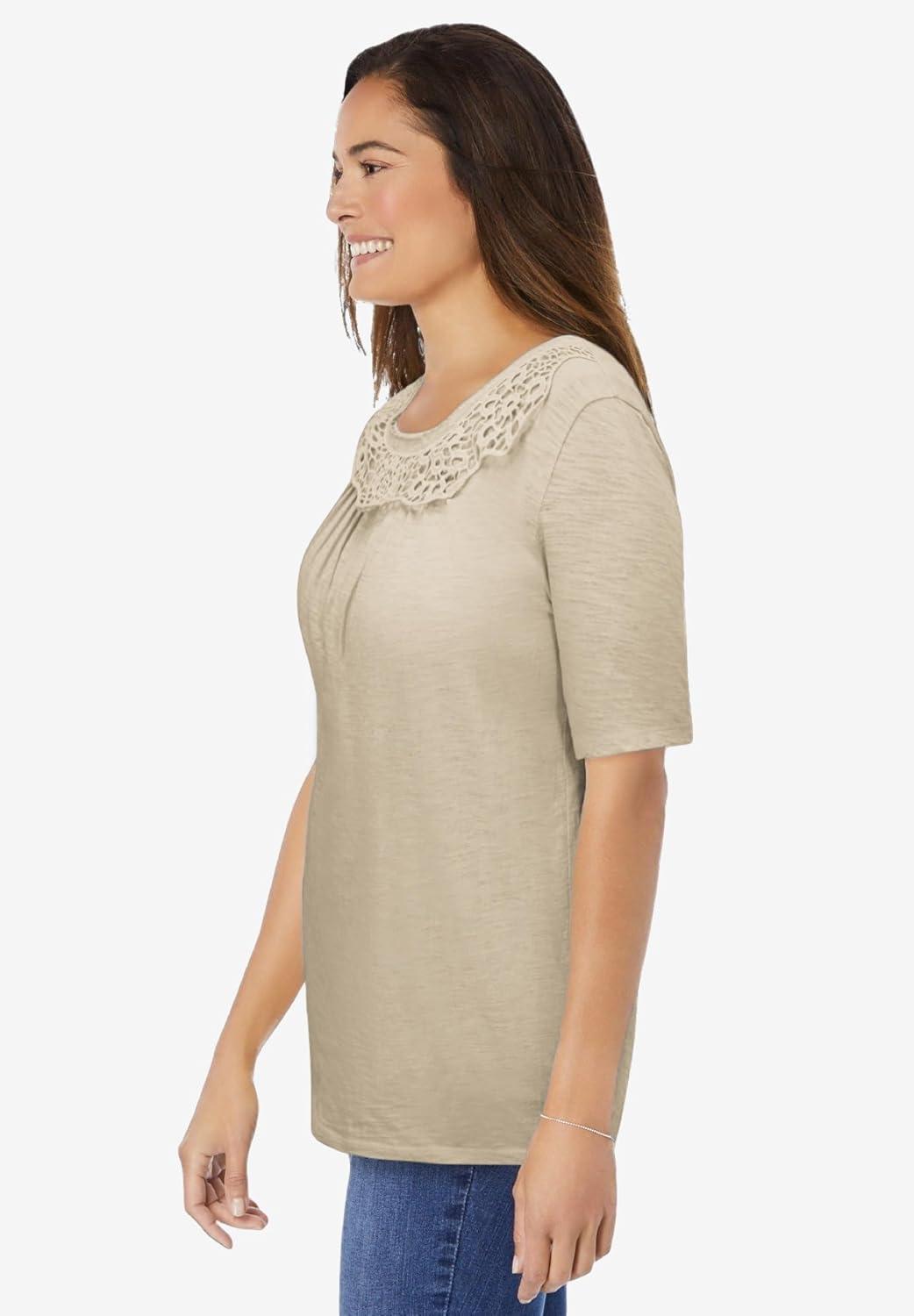 imageWoman Within Plus Size CrochetTrim Knit TopNatural Khaki