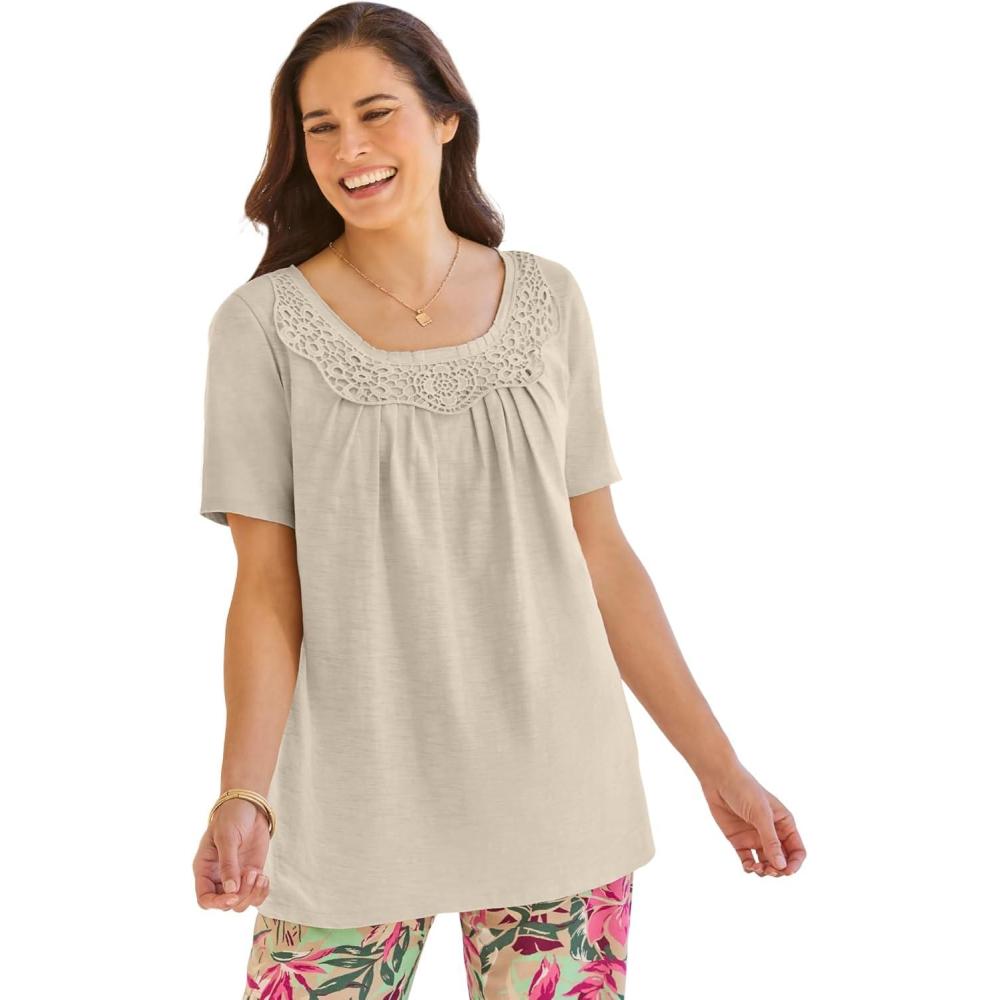 imageWoman Within Plus Size CrochetTrim Knit TopNatural Khaki