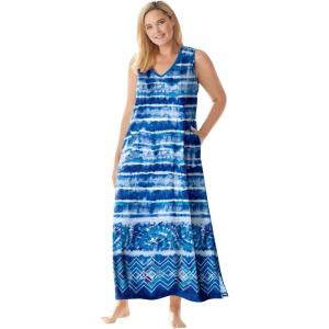 Dreams & Co. Plus Size Trapeze V-Neck Lounger(Bright Cobalt Tie Dye Stripe)