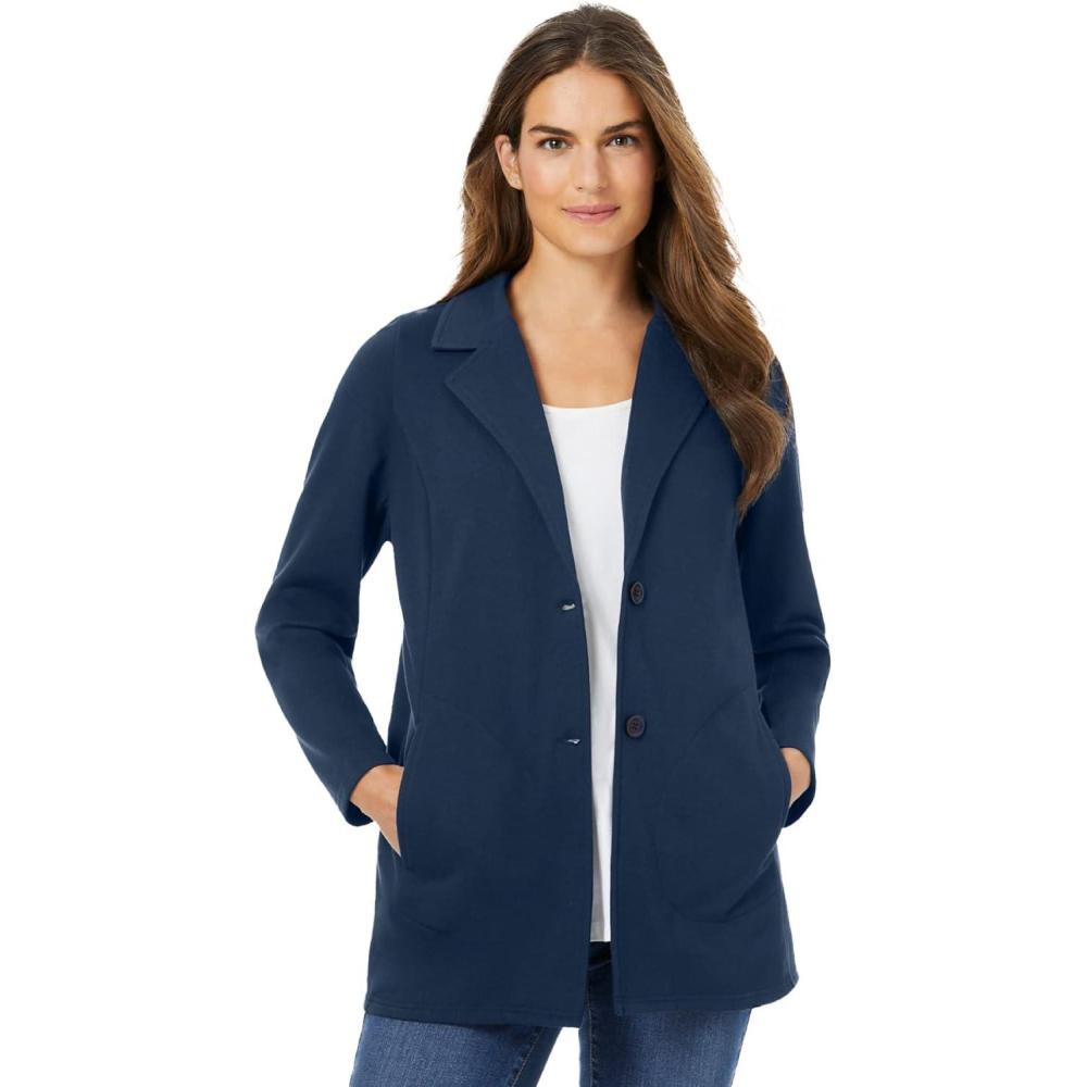 imageWoman Within Plus Size Knit Blazer Oversized Work amp CasualNavy