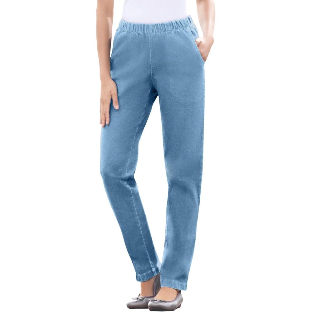 imageWoman Within Plus Size Straight Leg Elastic Waist Stretch Fineline Denim Jean Petite amp Tall AvailableLight Stonewash