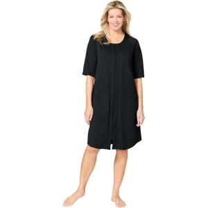 Dreams & Co. Plus Size Short French Terry Zip-Front Robe(Black)