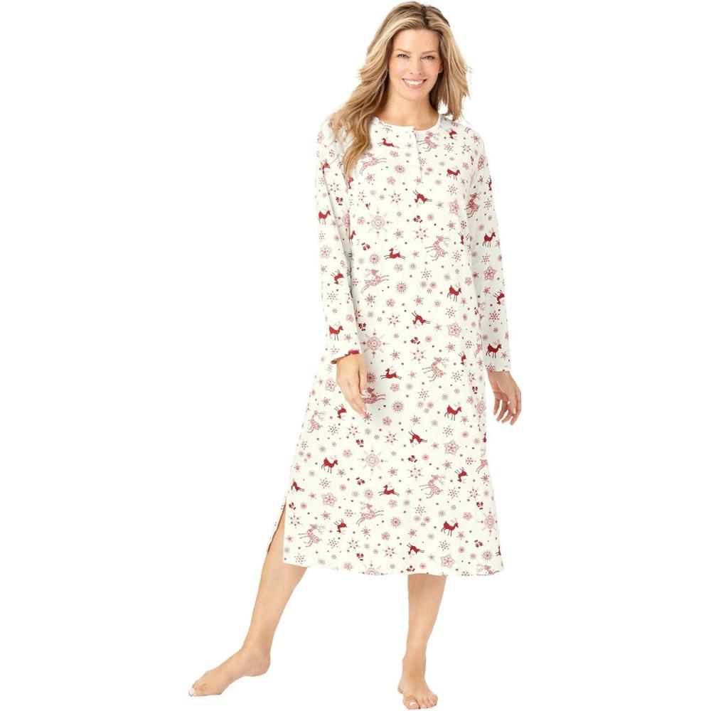 imageDreams amp Co Plus Size LongSleeve Henley Print SleepshirtIvory Winter Deer