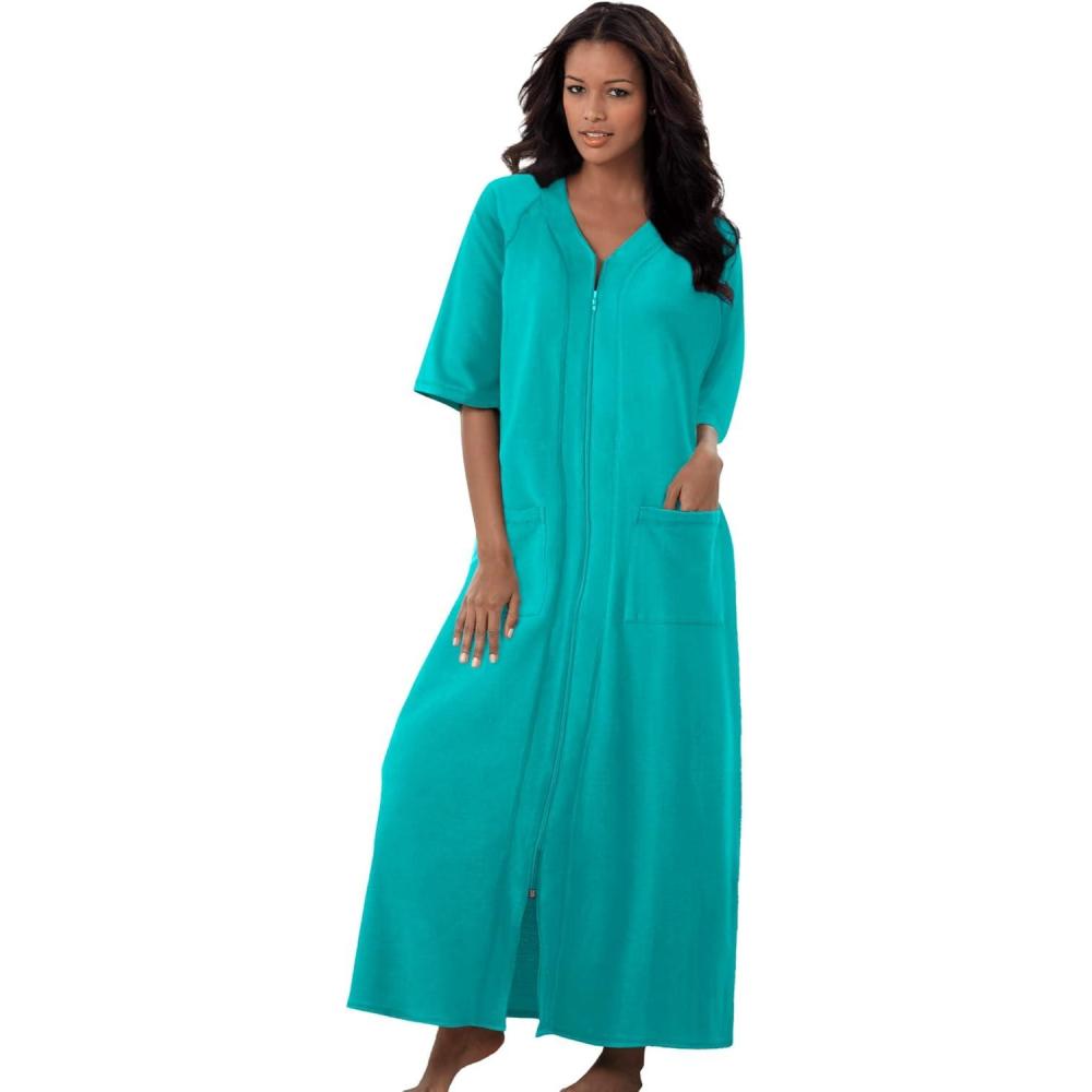 imageDreams amp Co Womens Plus Size Long French Terry ZipFront Robe Petite AvailableAquamarine