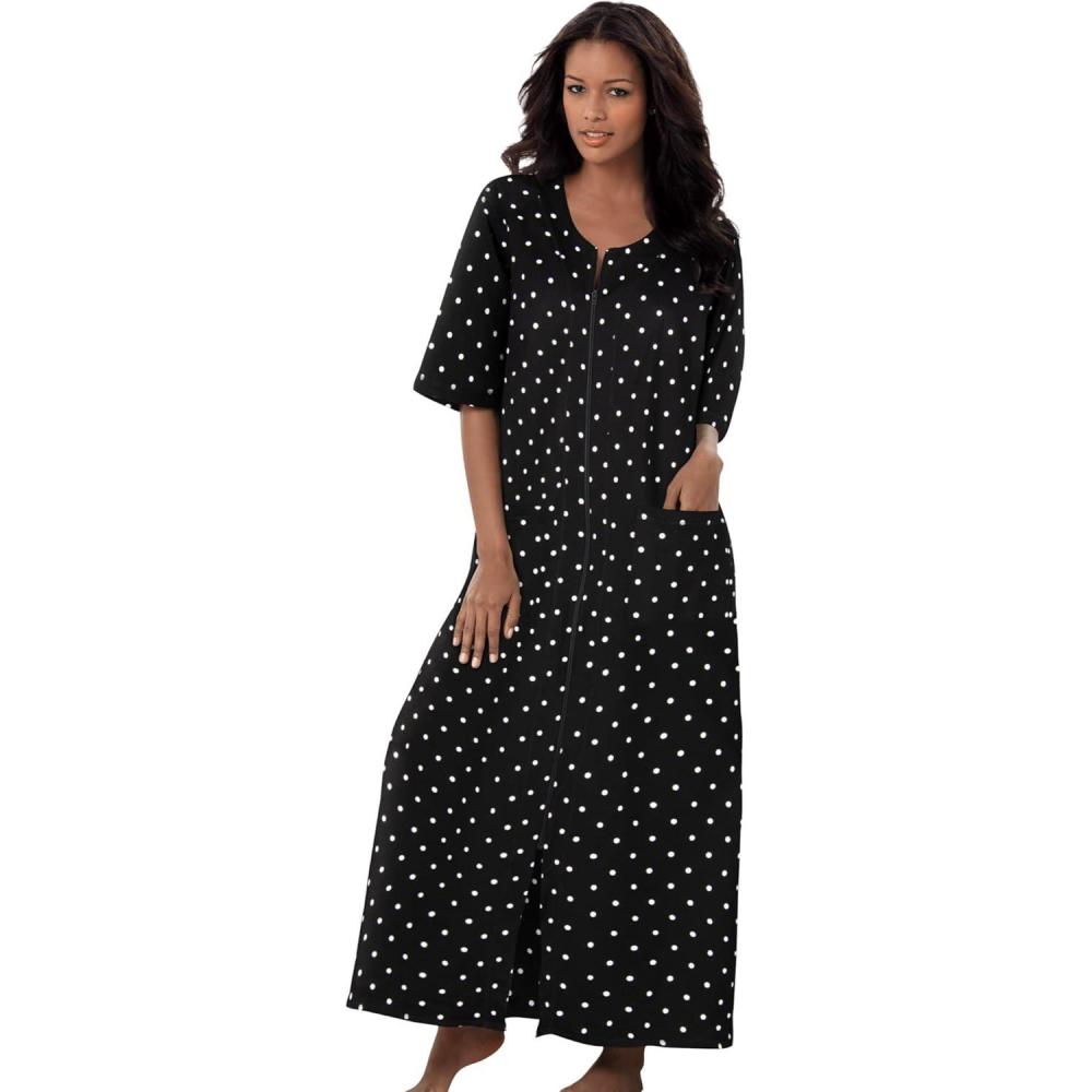 imageDreams amp Co Womens Plus Size Long French Terry ZipFront Robe Petite AvailableBlack Dot