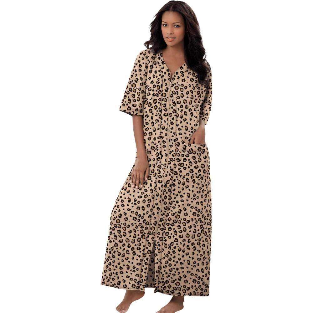 imageDreams amp Co Womens Plus Size Long French Terry ZipFront Robe Petite AvailableClassic Leopard