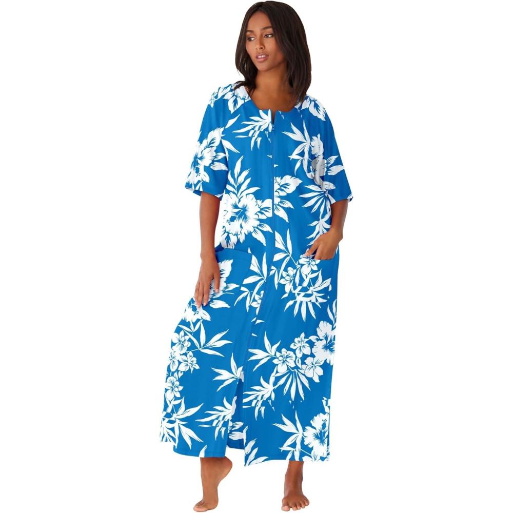 imageDreams amp Co Womens Plus Size Long French Terry ZipFront Robe Petite AvailablePool Blue Shadow Floral