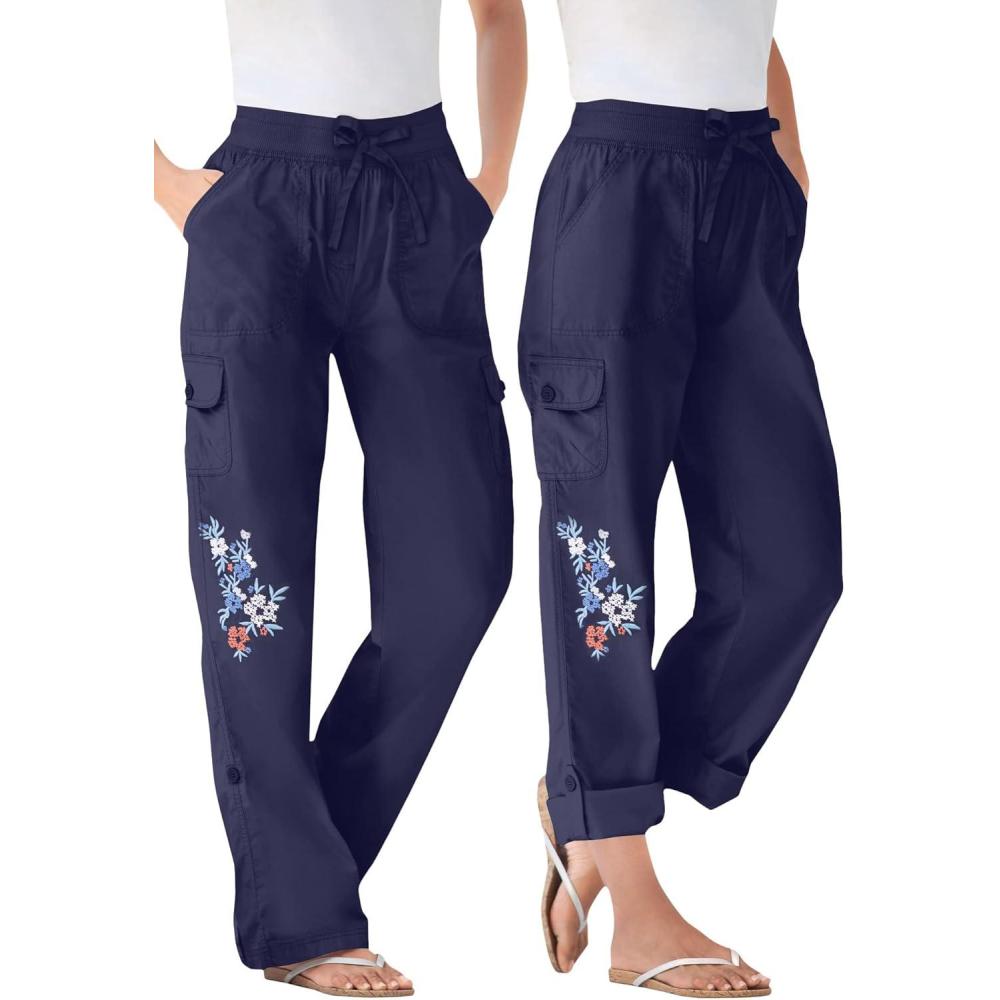 imageWoman Within Plus Size Convertible 2in1 Cargo Pant amp Capri Elastic WaistNavy Floral Embroidery