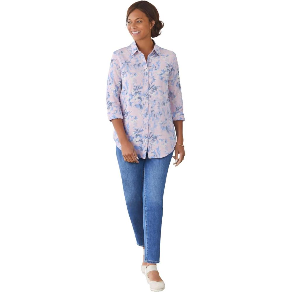 imageWoman Within Plus Size Perfect Three Quarter Sleeve ShirtPink Stamp Botanical