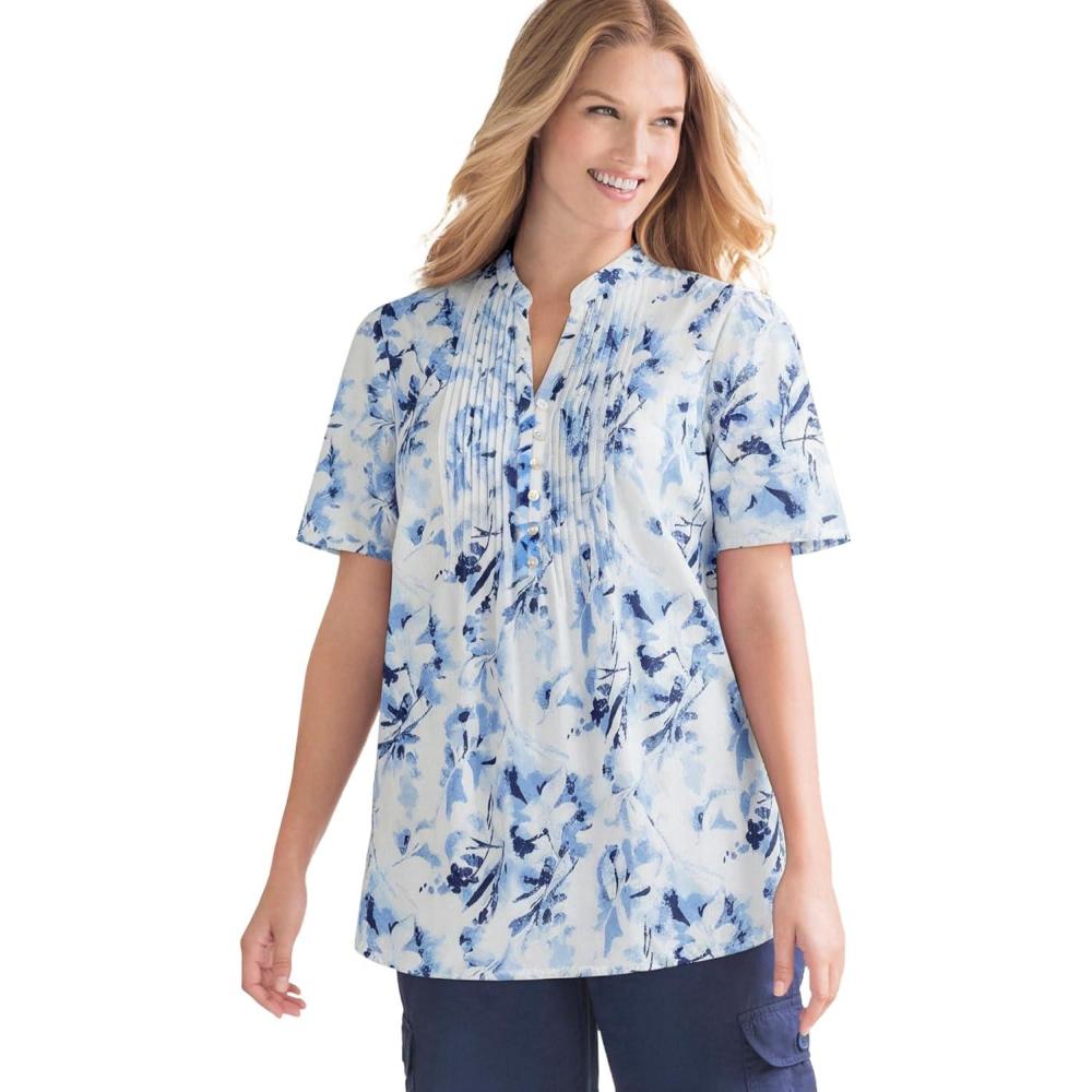 imageWoman Within Plus Size Pintucked HalfButton TunicWhite Stamp Botanical