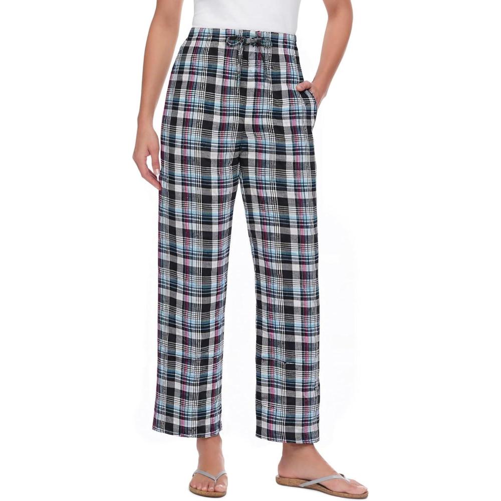 imageWoman Within Plus Size Seersucker PullOn ElasticWaist PantsBlack Raspberry Plaid