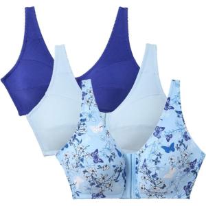 Comfort Choice Women’s Plus Size 3-Pack Front-Close Cotton Wireless Bra(Ultra Blue Assorted)