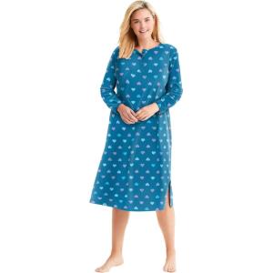 Dreams & Co. Plus Size Long-Sleeve Henley Print Sleepshirt(Deep Teal Hearts)