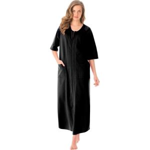 Dreams & Co. Women’s Plus Size Long French Terry Zip-Front Robe (Petite Available)(Black)