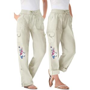 Woman Within Plus Size Convertible 2-in-1 Cargo Pant & Capri Elastic Waist(Classic Natural Khaki Floral Embroidery)