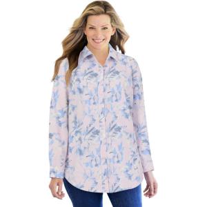Woman Within Plus Size Perfect Long Sleeve Shirt(Pink Stamp Botanical)