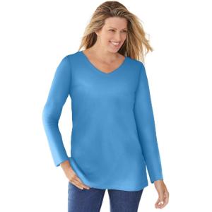 Woman Within Plus Size Perfect Long-Sleeve V-Neck Tee(Azure Blue)