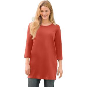 Woman Within Plus Size Perfect Three-Quarter-Sleeve Scoopneck Tunic(Burnt Red)