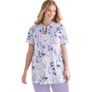 Woman Within Plus Size Pintucked Half-Button Tunic(Lilac Stamp Botanical)