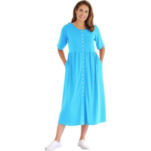 Woman Within Plus Size Short-Sleeve Button-Front Pocket Dress (Petite Available) – 7X, Blue Paradise