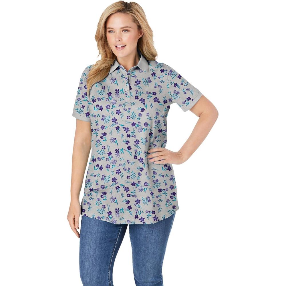 imageWoman Within Plus Size Perfect Printed ShortSleeve Polo ShirtHeather Grey Pretty Floral