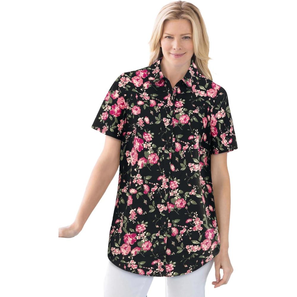 imageWoman Within Plus Size Perfect Short Sleeve ButtonDown Shirt Oversized Tunic BlouseBlack Floral