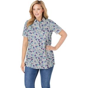Woman Within Plus Size Perfect Printed Short-Sleeve Polo Shirt(Heather Grey Pretty Floral)