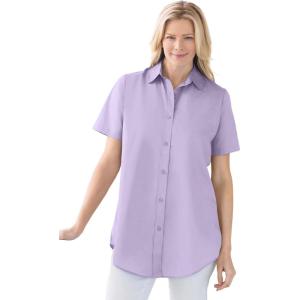 Woman Within Plus Size Perfect Short Sleeve Button-Down Shirt Oversized Tunic Blouse(Pale Lilac)