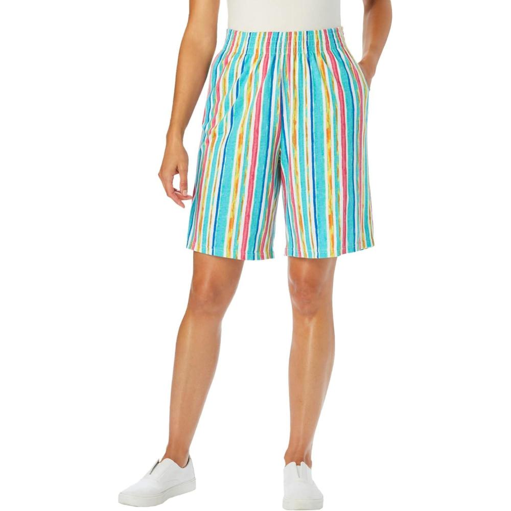 imageWoman Within Plus Size ElasticWaist Knit ShortWhite Multi Watercolor Stripe