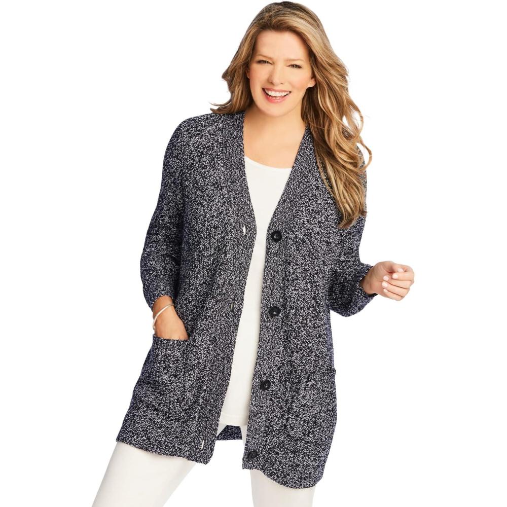 imageWoman Within Plus Size ButtonFront Shaker Cardigan SweaterBlack White Marled