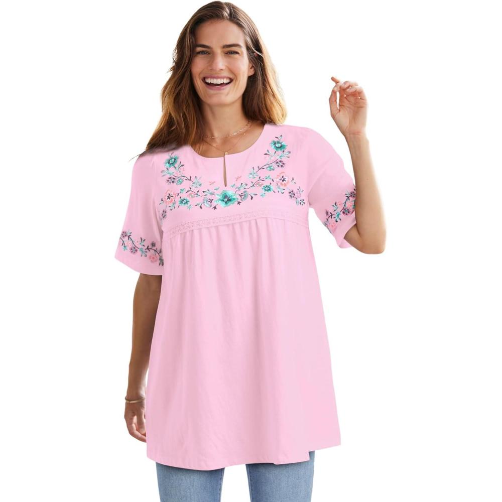 imageWoman Within Plus Size Embroidered SplitNeck TunicPink Floral Embroidery