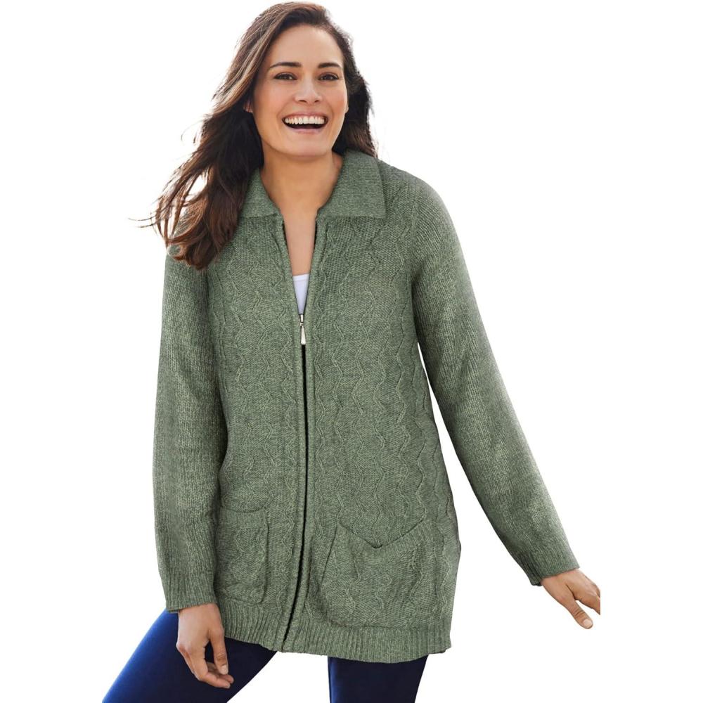 imageWoman Within Plus Size Marled ZipFront Cable Knit Cardigan SweaterPine Sage Marled