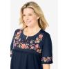 Woman Within Plus Size Embroidered Split-Neck Tunic(Navy Floral Embroidery)