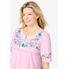 Woman Within Plus Size Embroidered Split-Neck Tunic(Pink Floral Embroidery)
