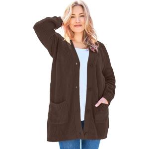 Woman Within Plus Size Button-Front Shaker Cardigan Sweater(Chocolate)