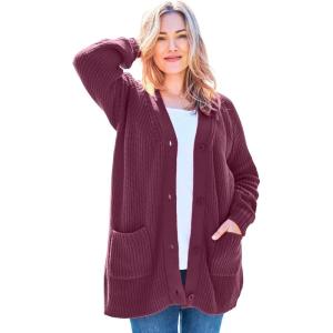 Woman Within Plus Size Button-Front Shaker Cardigan Sweater(Deep Claret)