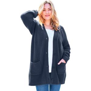 Woman Within Plus Size Button-Front Shaker Cardigan Sweater(Navy)