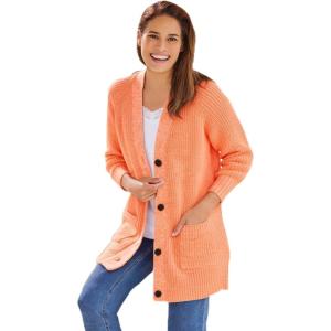 Woman Within Plus Size Button-Front Shaker Cardigan Sweater(Orange Twist White)