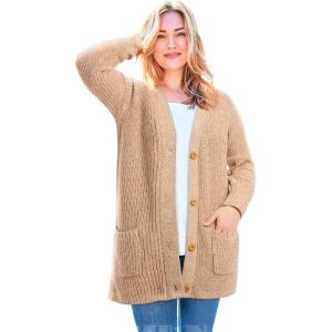 Woman Within Plus Size Button-Front Shaker Cardigan Sweater(Soft Camel Ivory Marled)