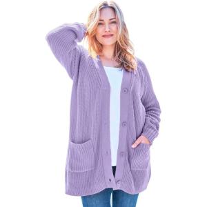 Woman Within Plus Size Button-Front Shaker Cardigan Sweater(Soft Iris)