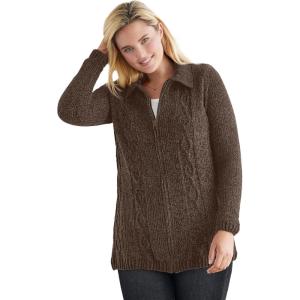 Woman Within Plus Size Chenille Zip Cable Cardigan Sweater(Chocolate)